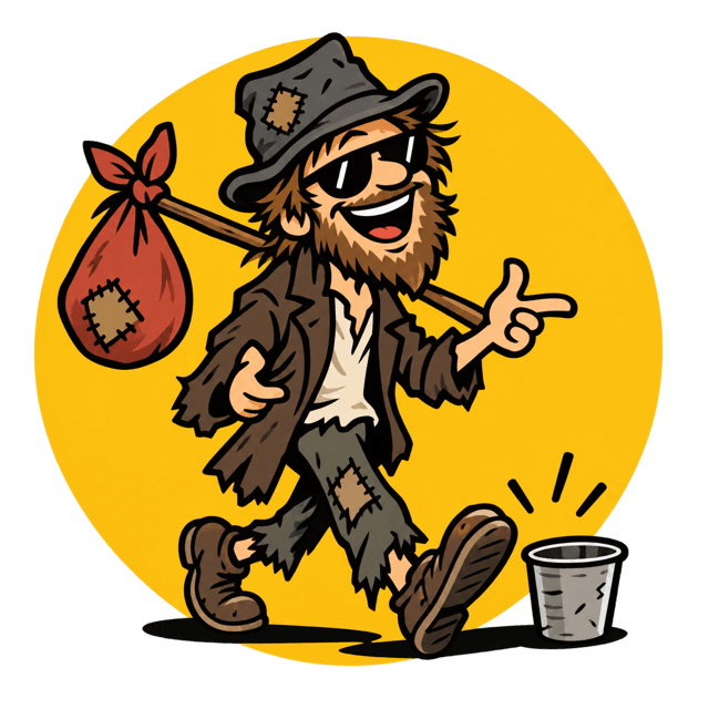 Tin Cup's portrait: a cartoon busker in a battered hat and sunglasses, bindle over one shoulder, walking away from a tin cup on the ground.